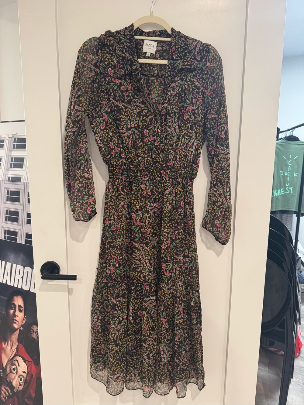 Misa Los Angeles Black Floral Midi Dress with Pink & Green Motif